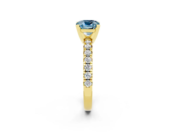 Yellow gold Cushion Cut Aquamarine Solitaire Pavé Engagement Ring with Round Band and Prong Setting