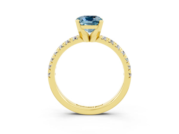 Yellow gold Cushion Cut Aquamarine Solitaire Pavé Engagement Ring with Round Band and Prong Setting