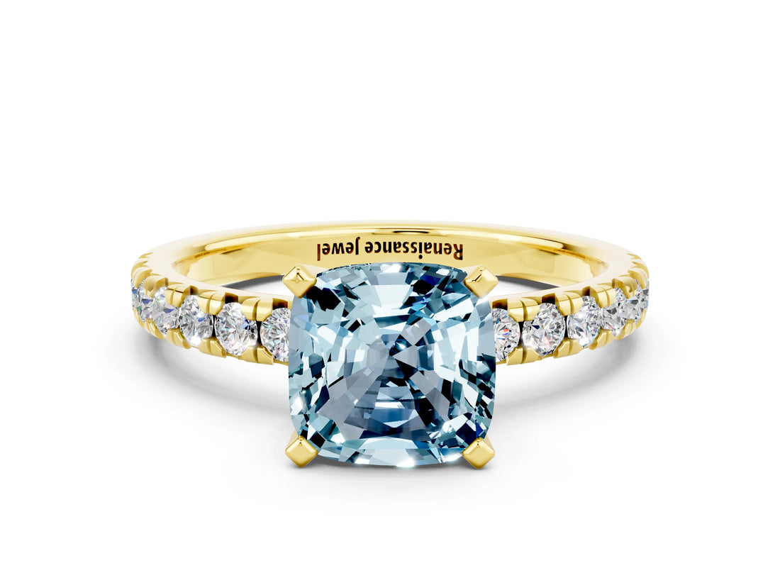 Yellow gold Cushion Cut Aquamarine Solitaire Pavé Engagement Ring with Round Band and Prong Setting_90