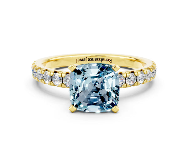 Yellow gold Cushion Cut Aquamarine Solitaire Pavé Engagement Ring with Round Band and Prong Setting