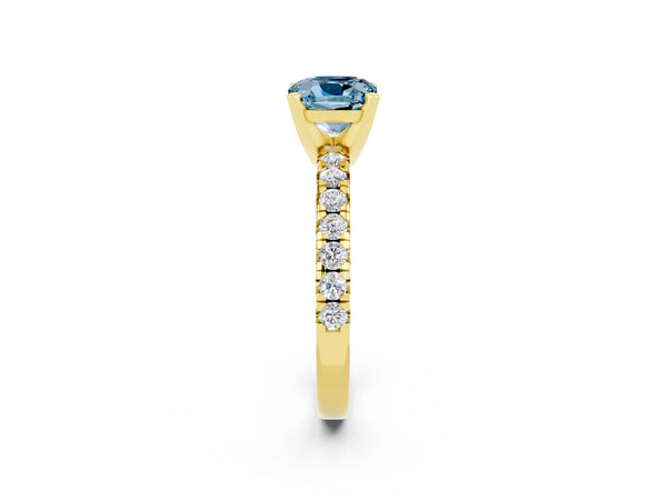 Yellow gold Cushion Cut Aquamarine Solitaire Pavé Engagement Ring with Round Band and Prong Setting