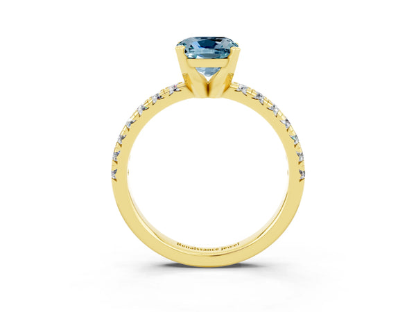 Yellow gold Cushion Cut Aquamarine Solitaire Pavé Engagement Ring with Round Band and Prong Setting