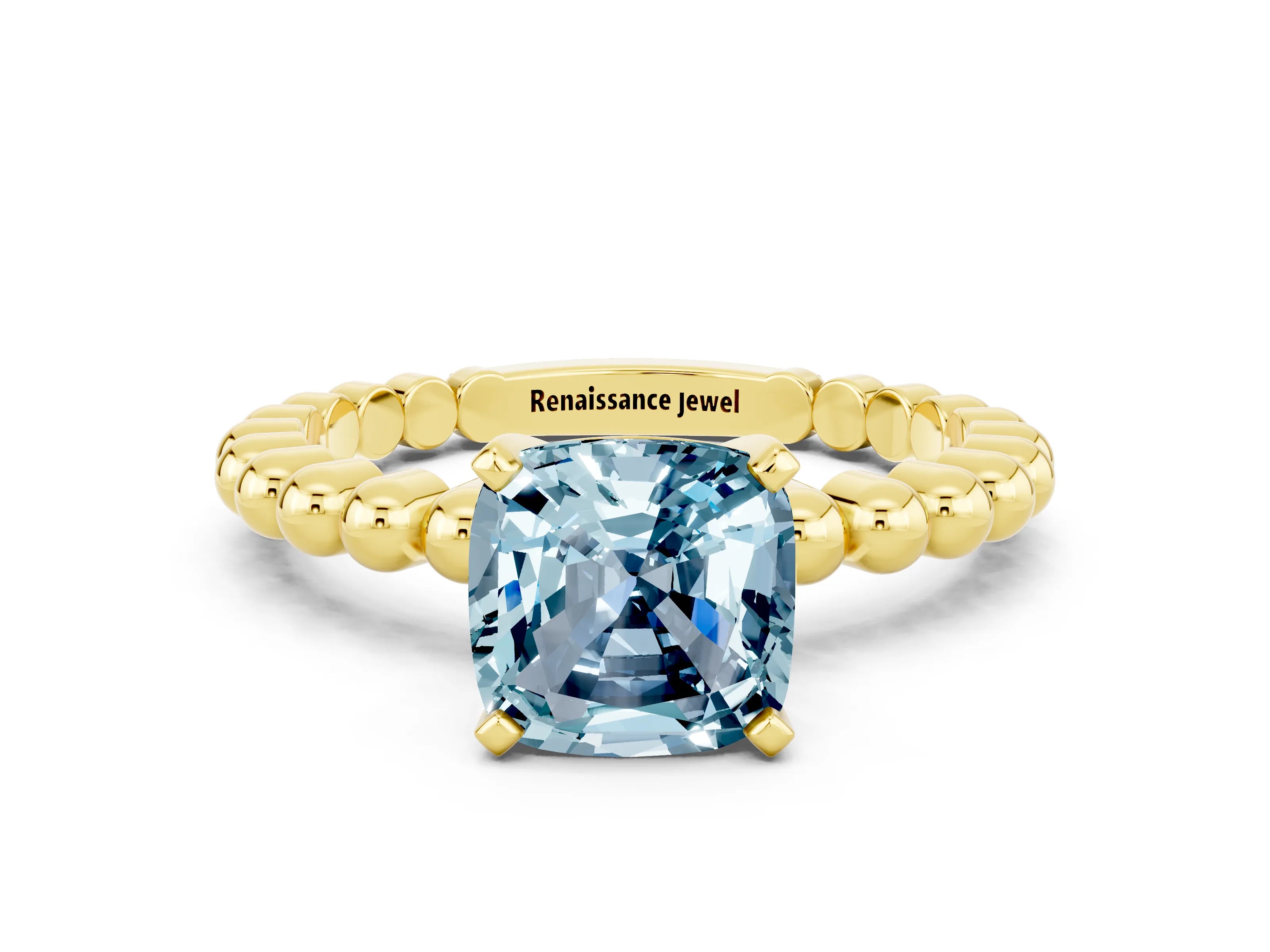 Yellow gold Cushion Cut Aquamarine Solitaire Ring with Beaded Band and Prong Setting