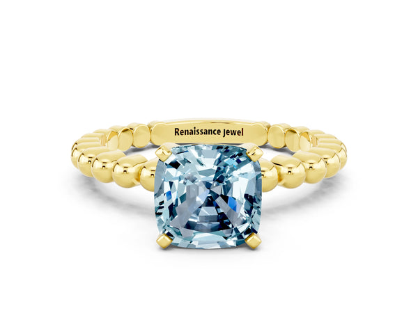 Yellow gold Cushion Cut Aquamarine Solitaire Ring with Beaded Band and Prong Setting