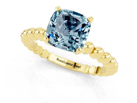 Yellow gold Cushion Cut Aquamarine Solitaire Ring with Beaded Band and Prong Setting_1