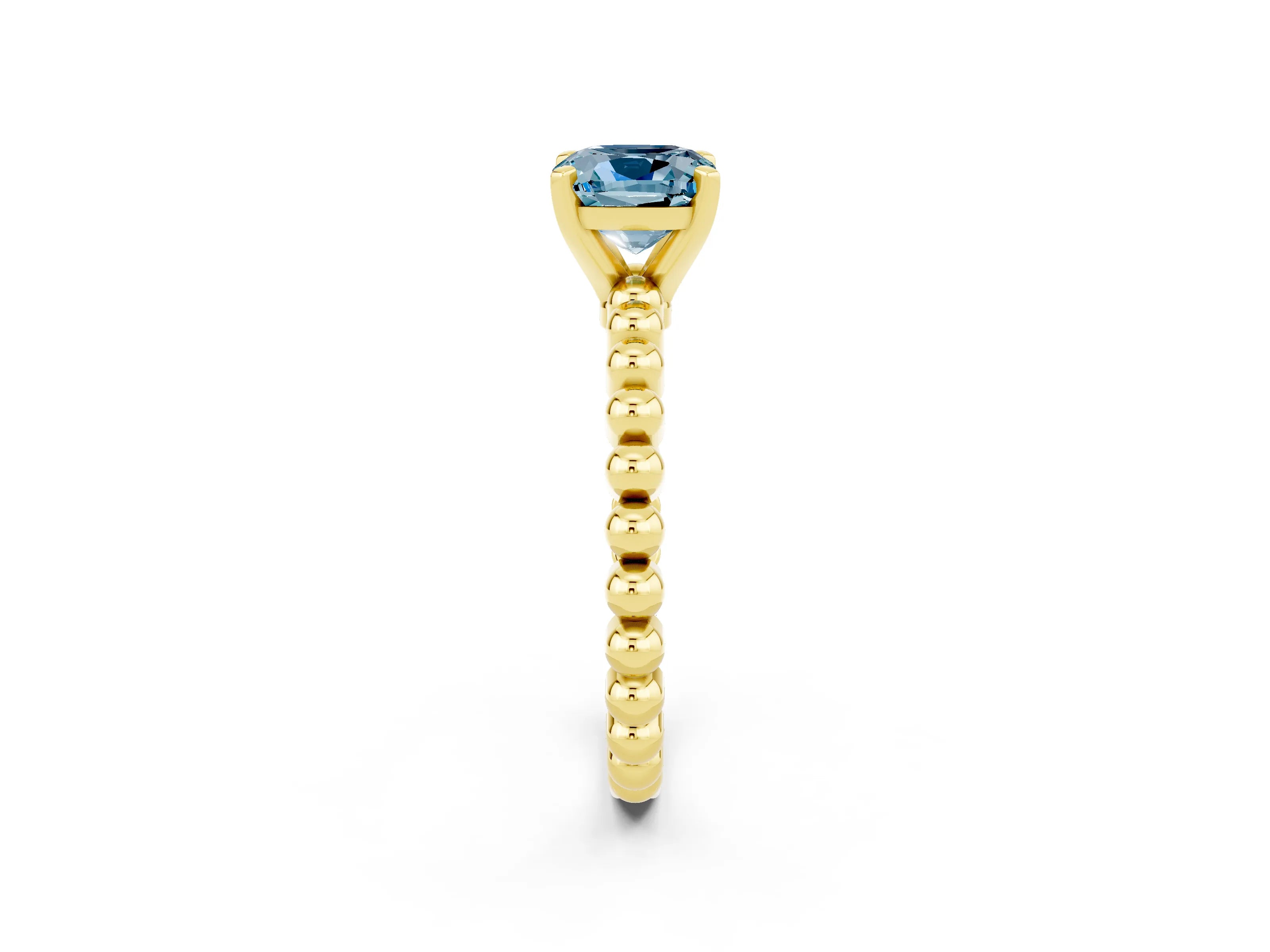 Yellow gold Cushion Cut Aquamarine Solitaire Ring with Beaded Band and Prong Setting_2