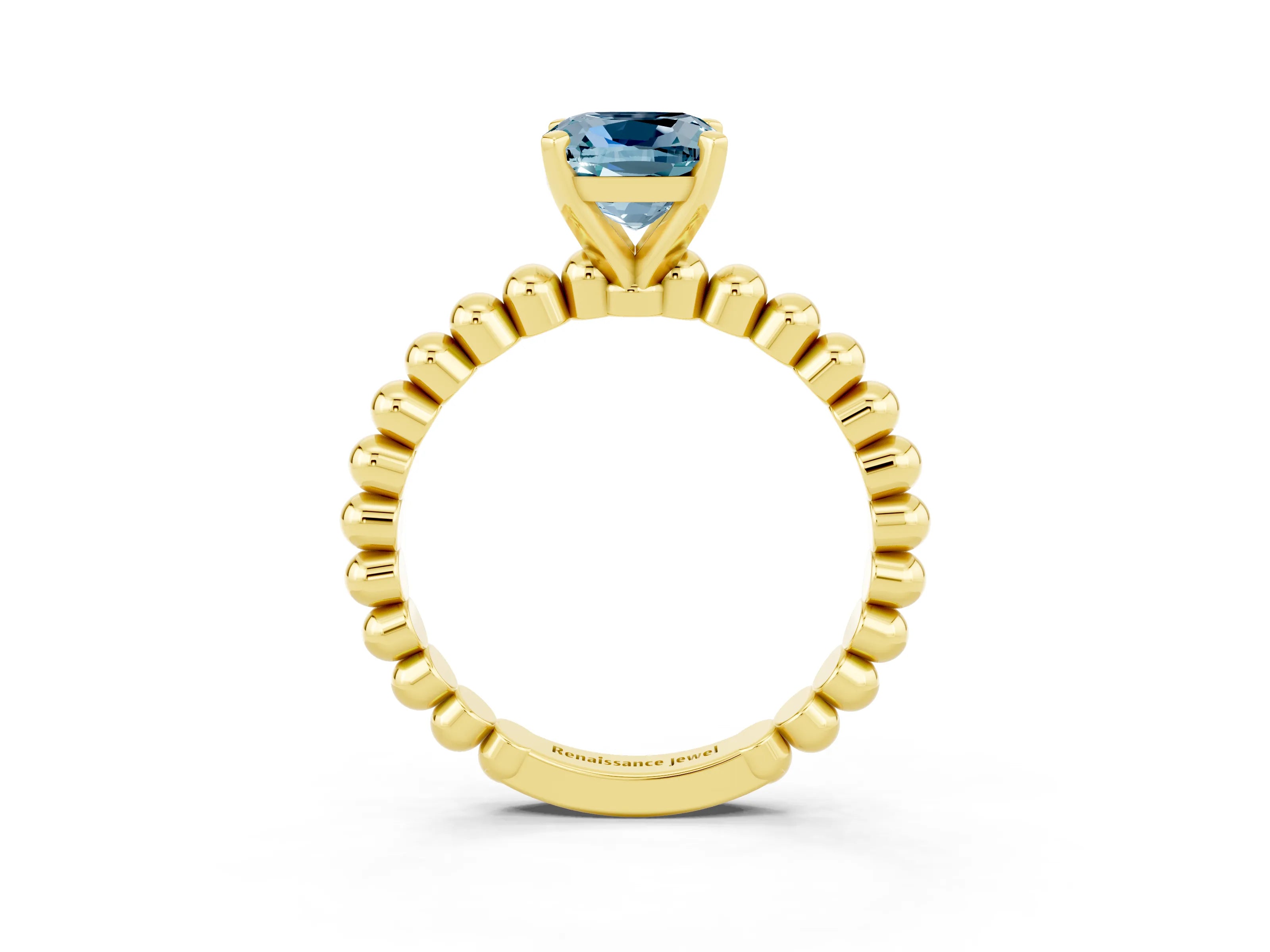 Yellow gold Cushion Cut Aquamarine Solitaire Ring with Beaded Band and Prong Setting_3