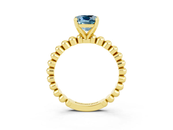 Yellow gold Cushion Cut Aquamarine Solitaire Ring with Beaded Band and Prong Setting