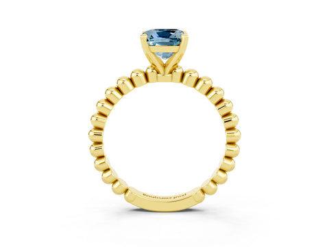 Yellow gold Cushion Cut Aquamarine Solitaire Ring with Beaded Band and Prong Setting_3