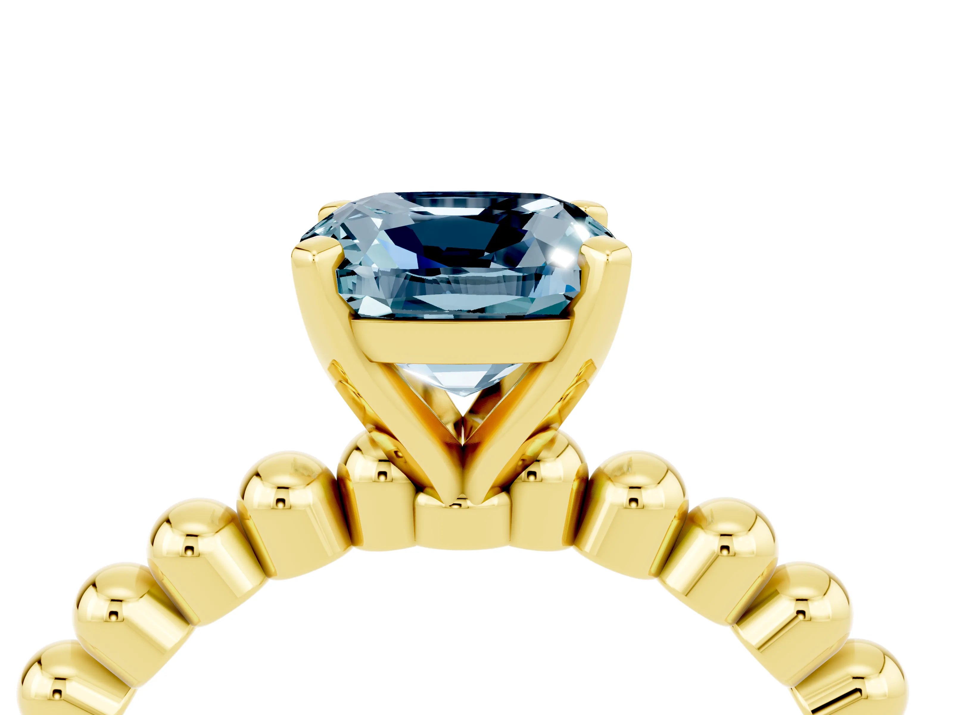 Yellow gold Cushion Cut Aquamarine Solitaire Ring with Beaded Band and Prong Setting_4