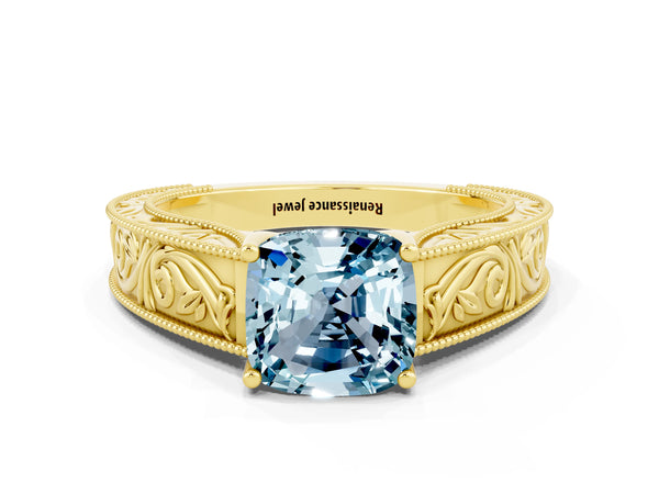 Yellow gold Cushion Cut Aquamarine Solitaire Ring with Engraved Band and Four-Prong Setting