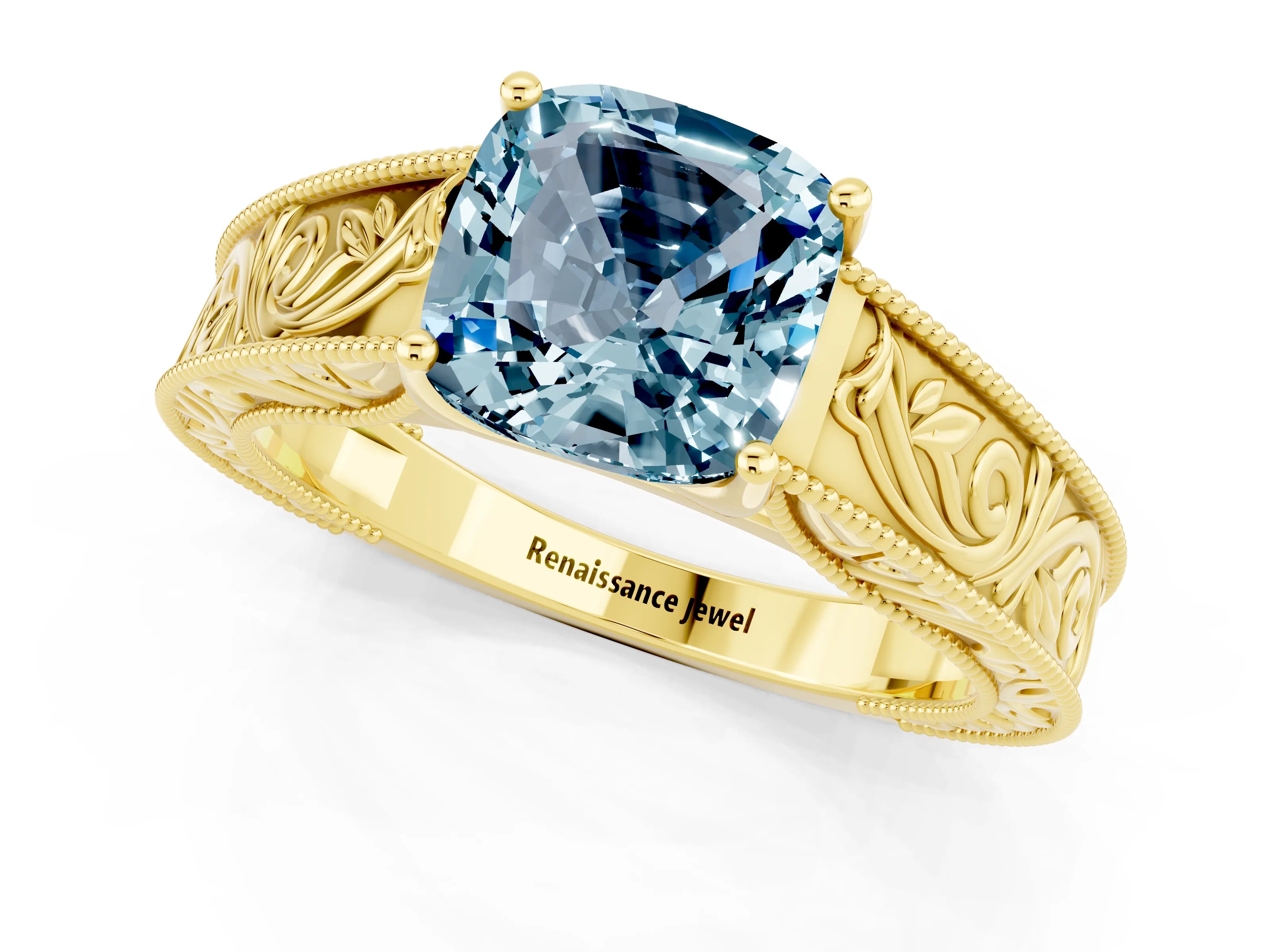 Yellow gold Cushion Cut Aquamarine Solitaire Ring with Engraved Band and Four-Prong Setting_1