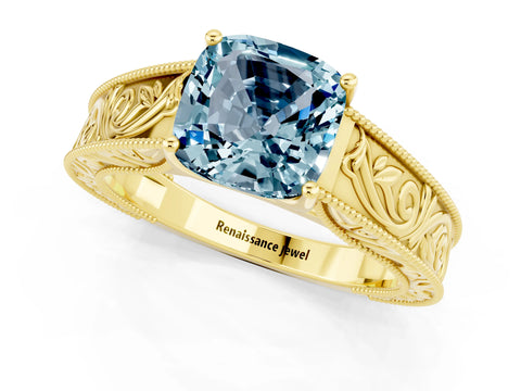 Yellow gold Cushion Cut Aquamarine Solitaire Ring with Engraved Band and Four-Prong Setting_1