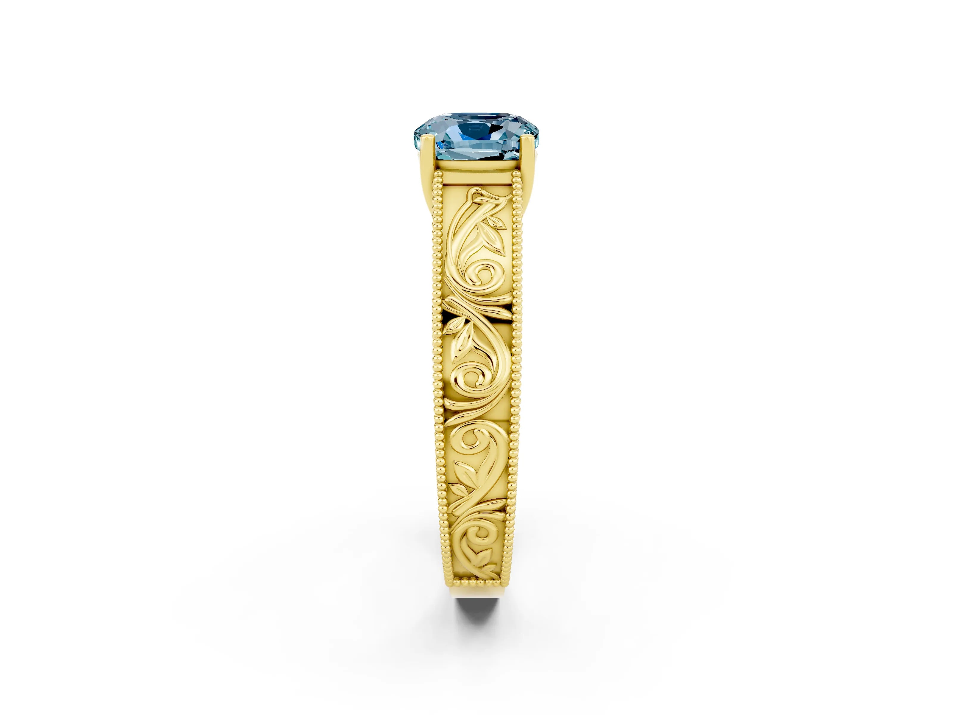 Yellow gold Cushion Cut Aquamarine Solitaire Ring with Engraved Band and Four-Prong Setting_2