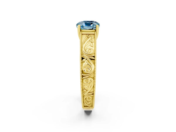 Yellow gold Cushion Cut Aquamarine Solitaire Ring with Engraved Band and Four-Prong Setting