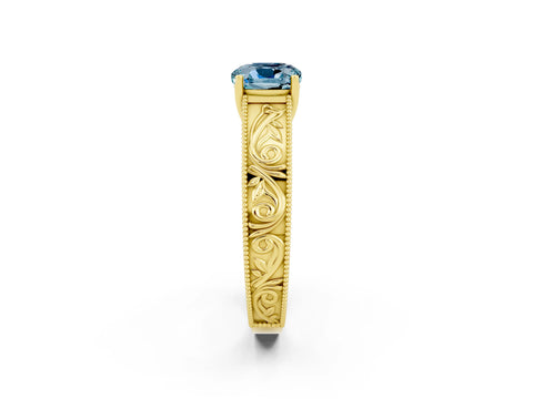 Yellow gold Cushion Cut Aquamarine Solitaire Ring with Engraved Band and Four-Prong Setting_2
