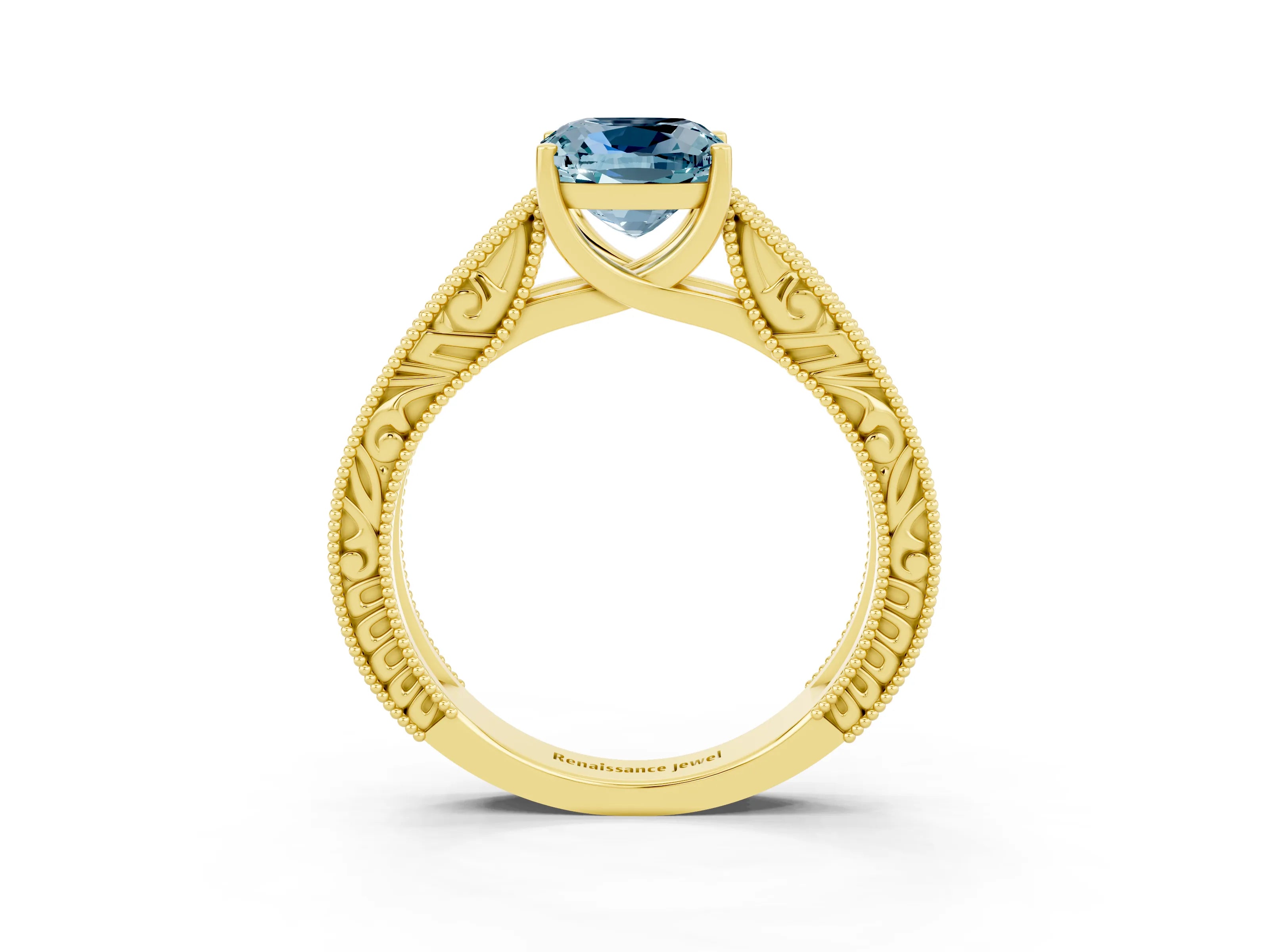 Yellow gold Cushion Cut Aquamarine Solitaire Ring with Engraved Band and Four-Prong Setting_3