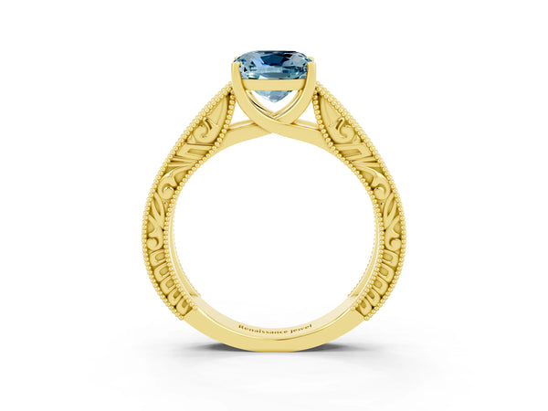 Yellow gold Cushion Cut Aquamarine Solitaire Ring with Engraved Band and Four-Prong Setting
