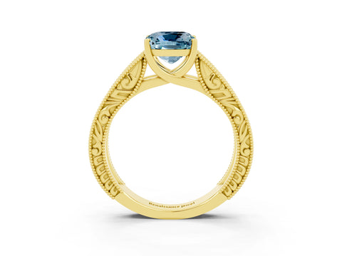 Yellow gold Cushion Cut Aquamarine Solitaire Ring with Engraved Band and Four-Prong Setting_3