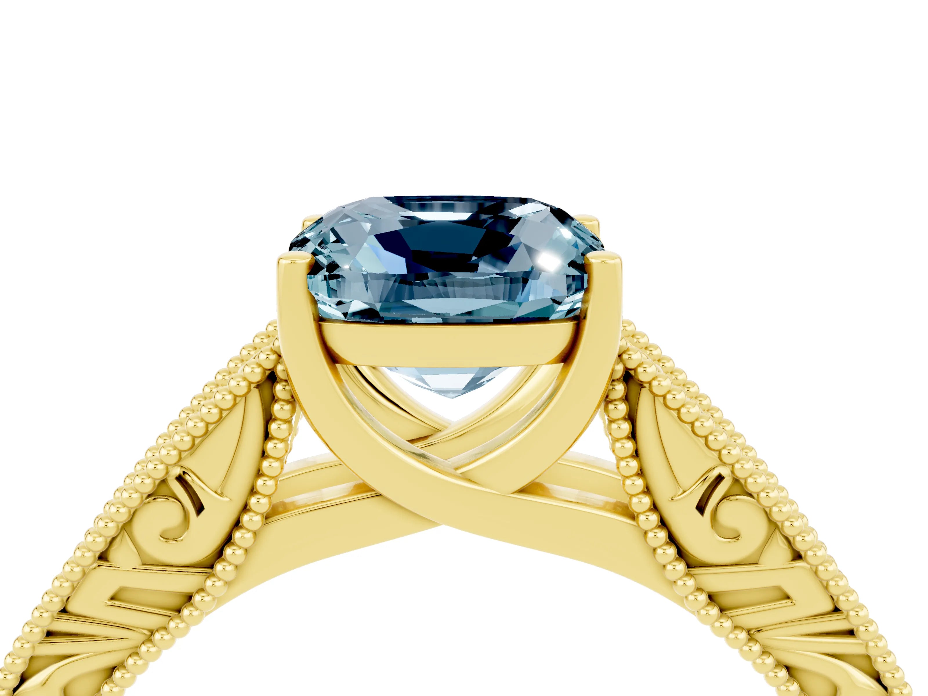 Yellow gold Cushion Cut Aquamarine Solitaire Ring with Engraved Band and Four-Prong Setting_4