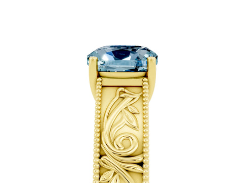 Yellow gold Cushion Cut Aquamarine Solitaire Ring with Engraved Band and Four-Prong Setting_5