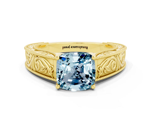 Yellow gold Cushion Cut Aquamarine Solitaire Ring with Engraved Band and Four-Prong Setting