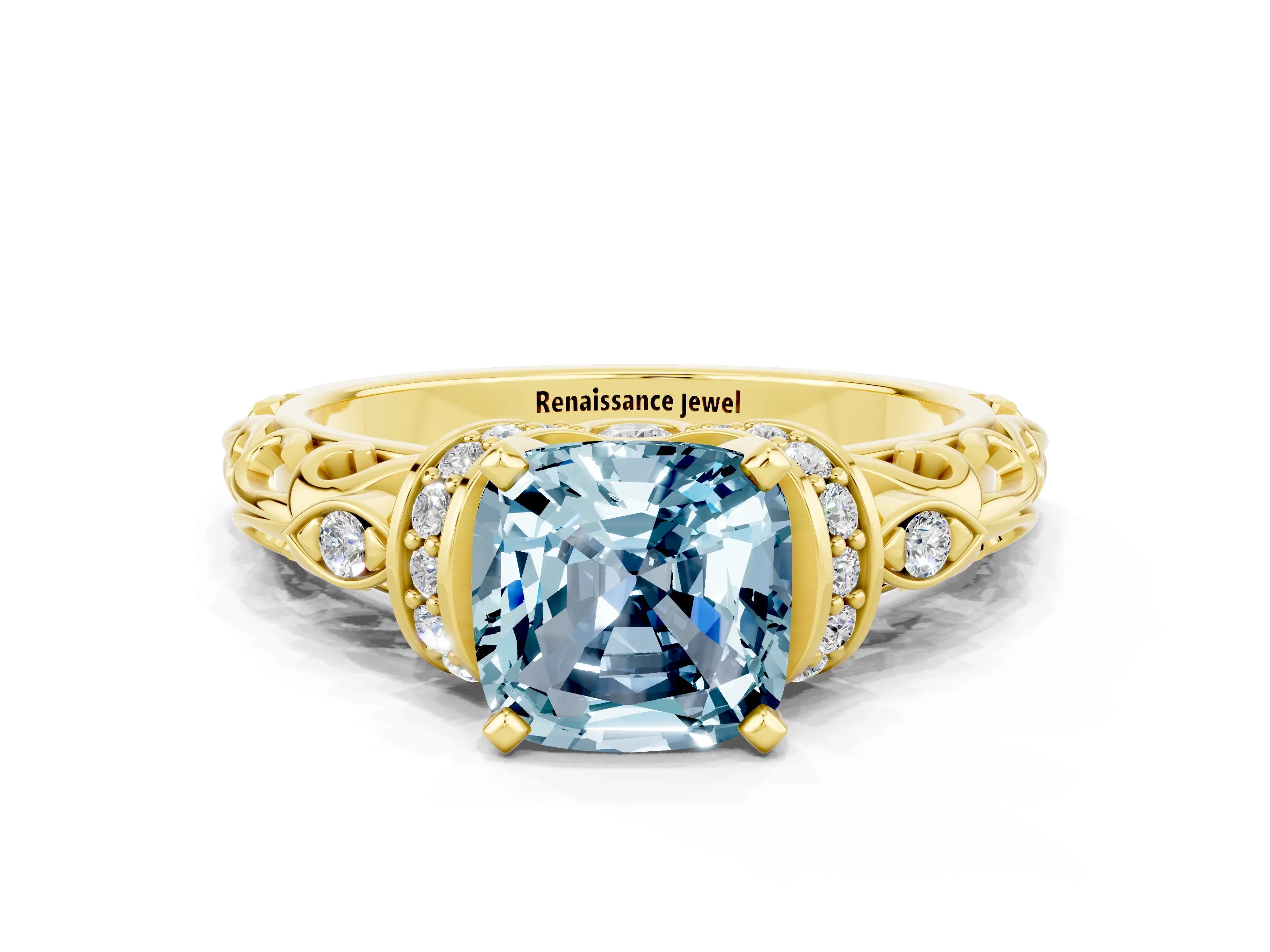 Yellow gold Cushion Cut Aquamarine Solitaire Ring with Filigree Band and Four-Prong Setting_24