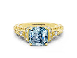 Yellow gold Cushion Cut Aquamarine Solitaire Ring with Filigree Band and Four-Prong Setting_24