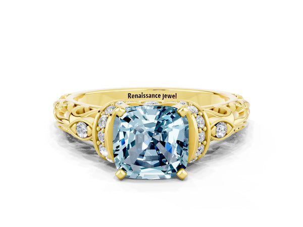 Yellow gold Cushion Cut Aquamarine Solitaire Ring with Filigree Band and Four-Prong Setting