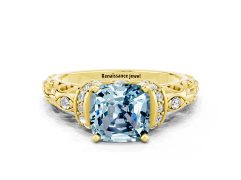 Yellow gold Cushion Cut Aquamarine Solitaire Ring with Filigree Band and Four-Prong Setting_24