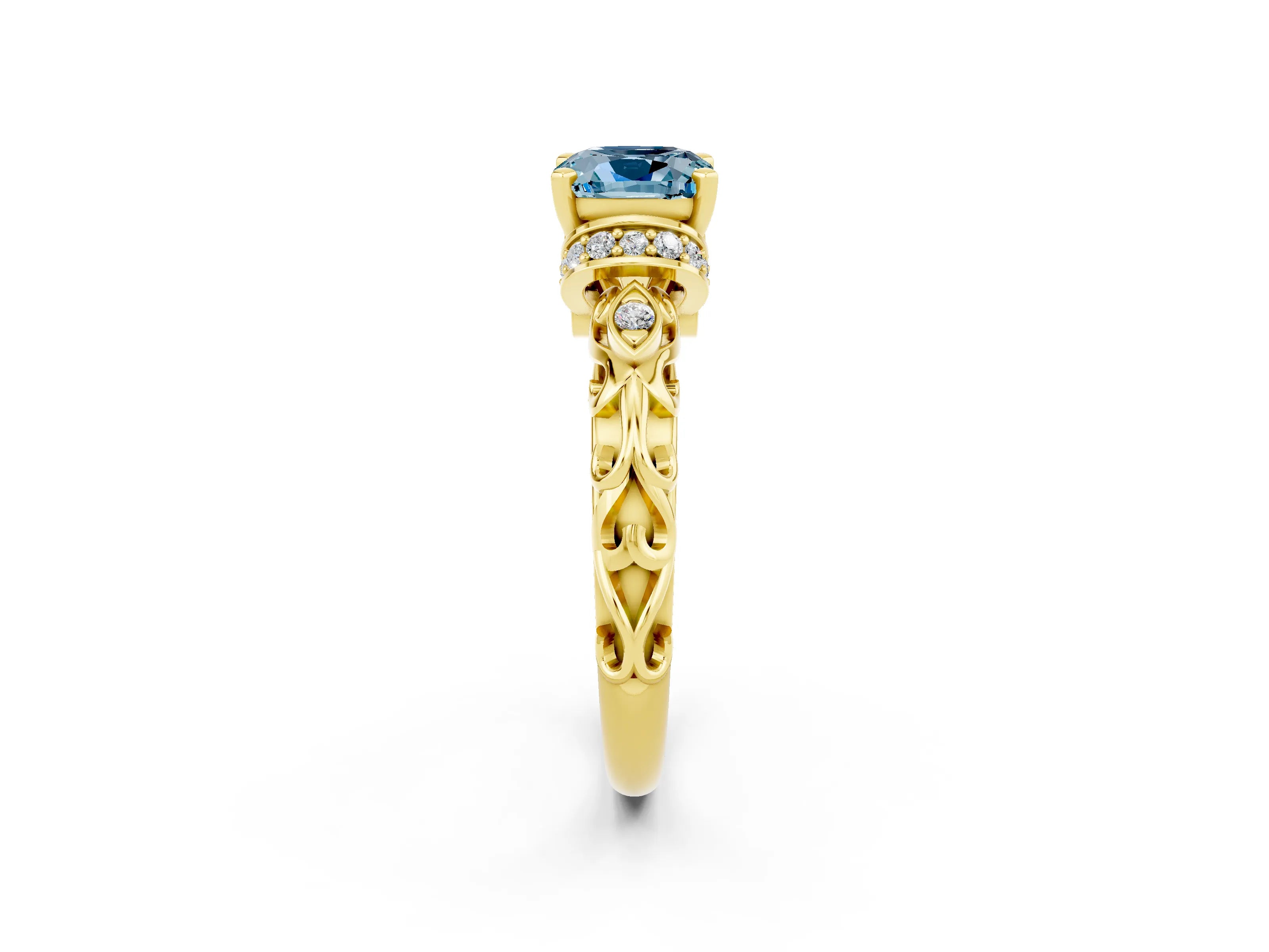 Yellow gold Cushion Cut Aquamarine Solitaire Ring with Filigree Band and Four-Prong Setting_26