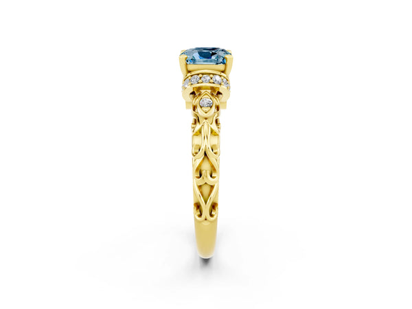 Yellow gold Cushion Cut Aquamarine Solitaire Ring with Filigree Band and Four-Prong Setting