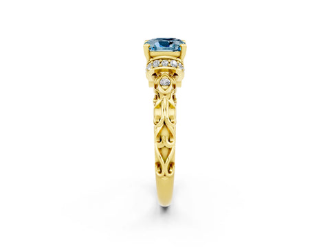 Yellow gold Cushion Cut Aquamarine Solitaire Ring with Filigree Band and Four-Prong Setting_26