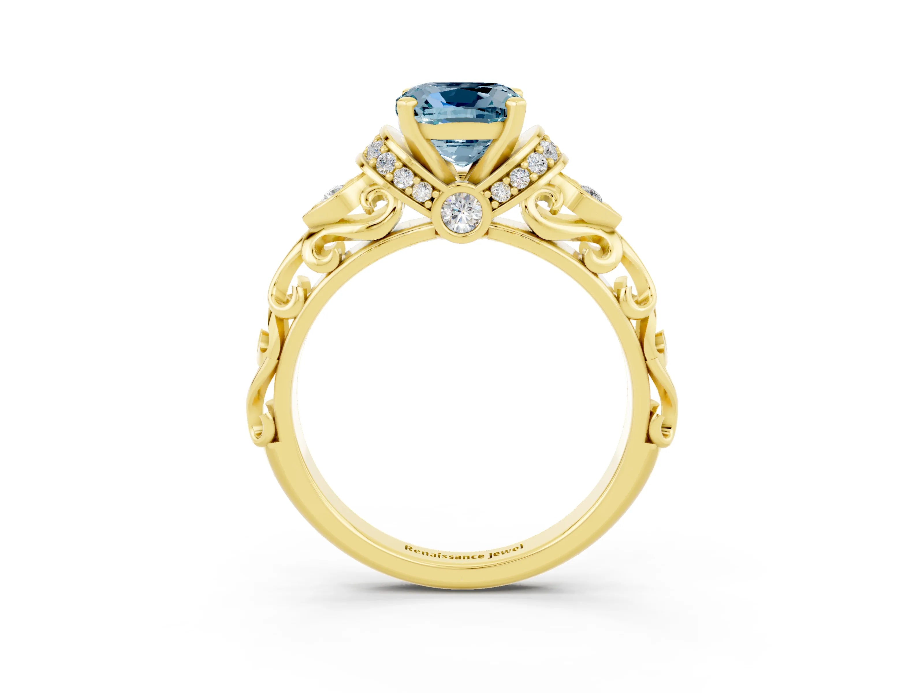 Yellow gold Cushion Cut Aquamarine Solitaire Ring with Filigree Band and Four-Prong Setting_27
