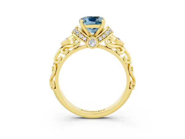 Yellow gold Cushion Cut Aquamarine Solitaire Ring with Filigree Band and Four-Prong Setting