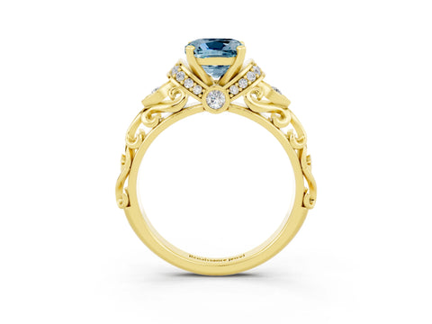 Yellow gold Cushion Cut Aquamarine Solitaire Ring with Filigree Band and Four-Prong Setting_27