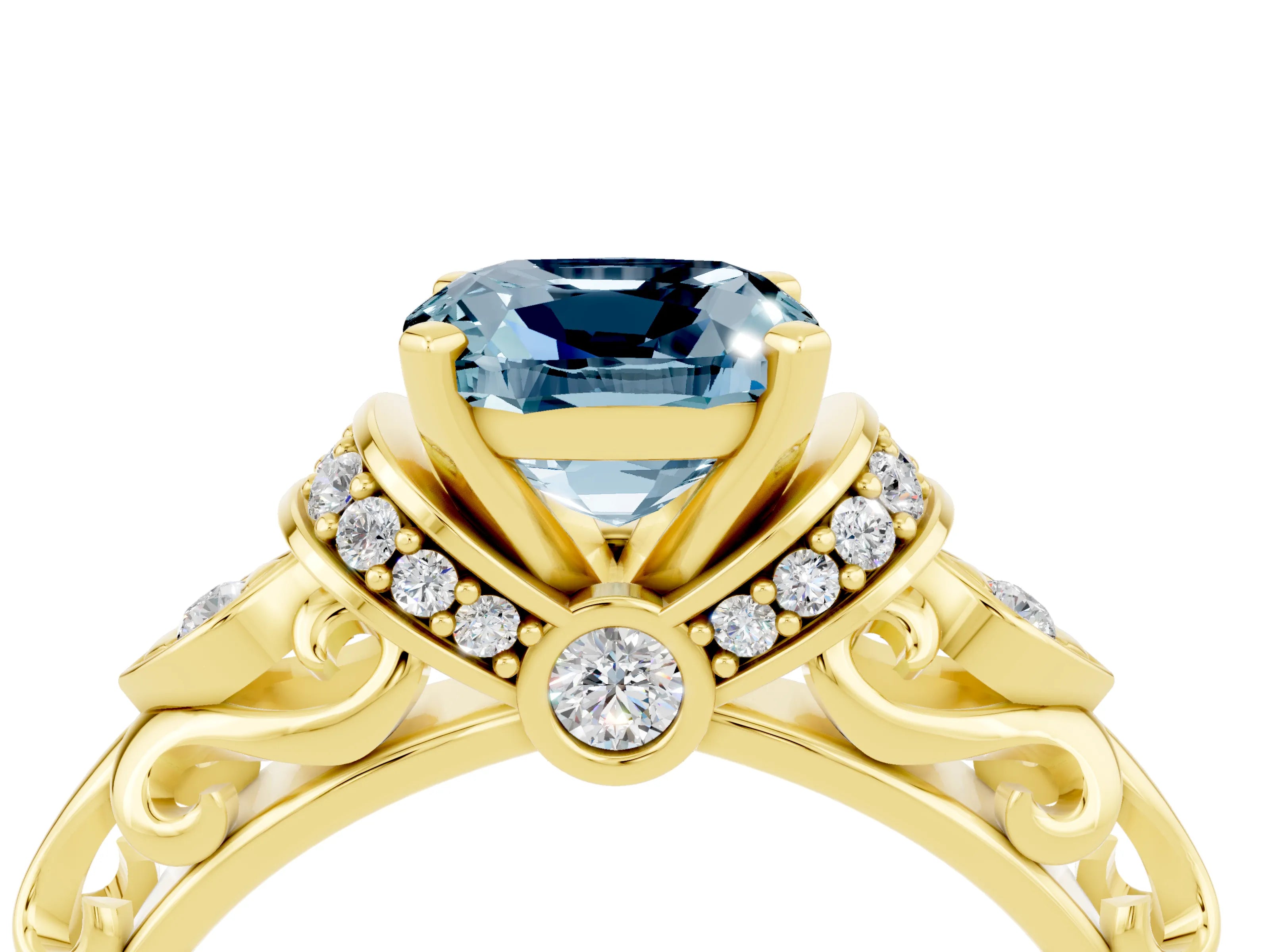 Yellow gold Cushion Cut Aquamarine Solitaire Ring with Filigree Band and Four-Prong Setting_28