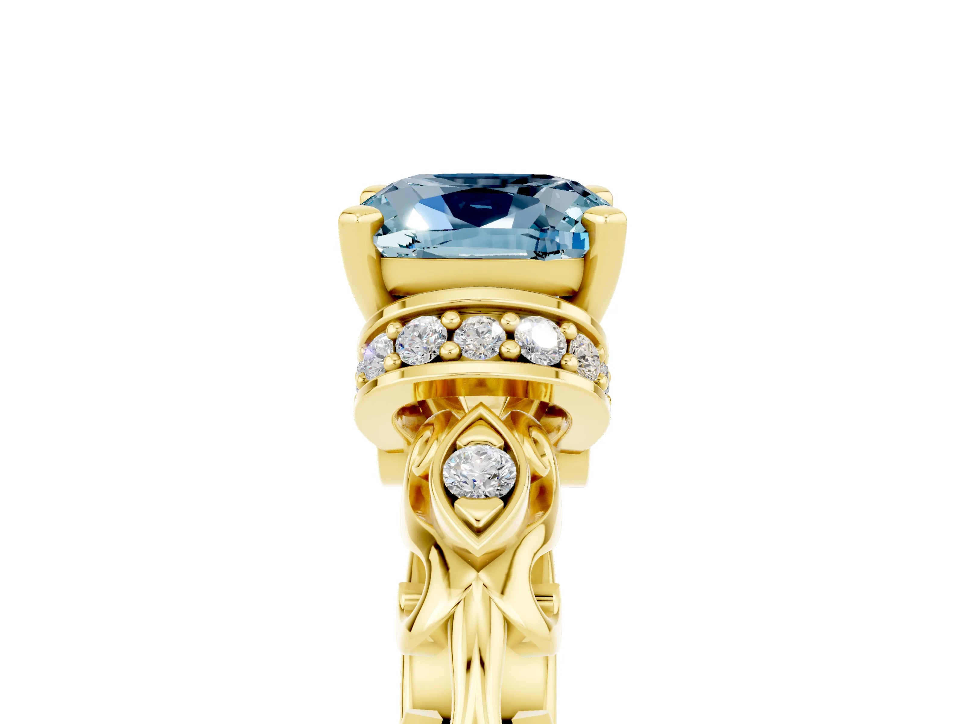 Yellow gold Cushion Cut Aquamarine Solitaire Ring with Filigree Band and Four-Prong Setting_29