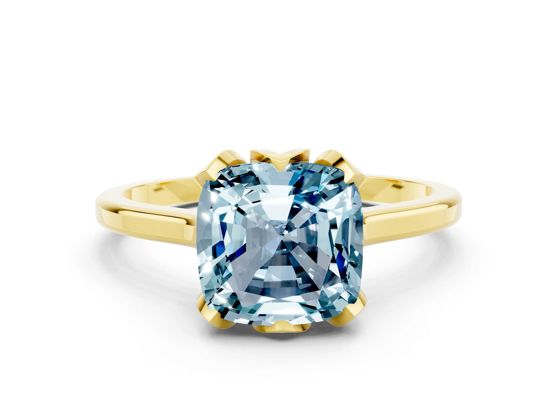 Yellow gold Cushion Cut Aquamarine Solitaire Ring with Flower Prong Setting and Classic Band_12
