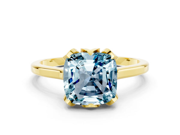 Yellow gold Cushion Cut Aquamarine Solitaire Ring with Flower Prong Setting and Classic Band