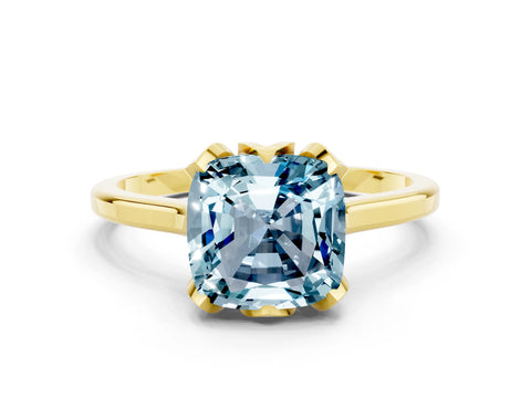 Yellow gold Cushion Cut Aquamarine Solitaire Ring with Flower Prong Setting and Classic Band_12