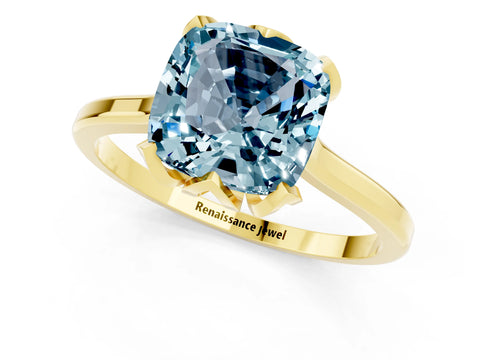 Yellow gold Cushion Cut Aquamarine Solitaire Ring with Flower Prong Setting and Classic Band_13
