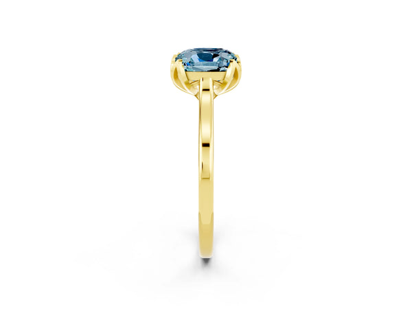 Yellow gold Cushion Cut Aquamarine Solitaire Ring with Flower Prong Setting and Classic Band