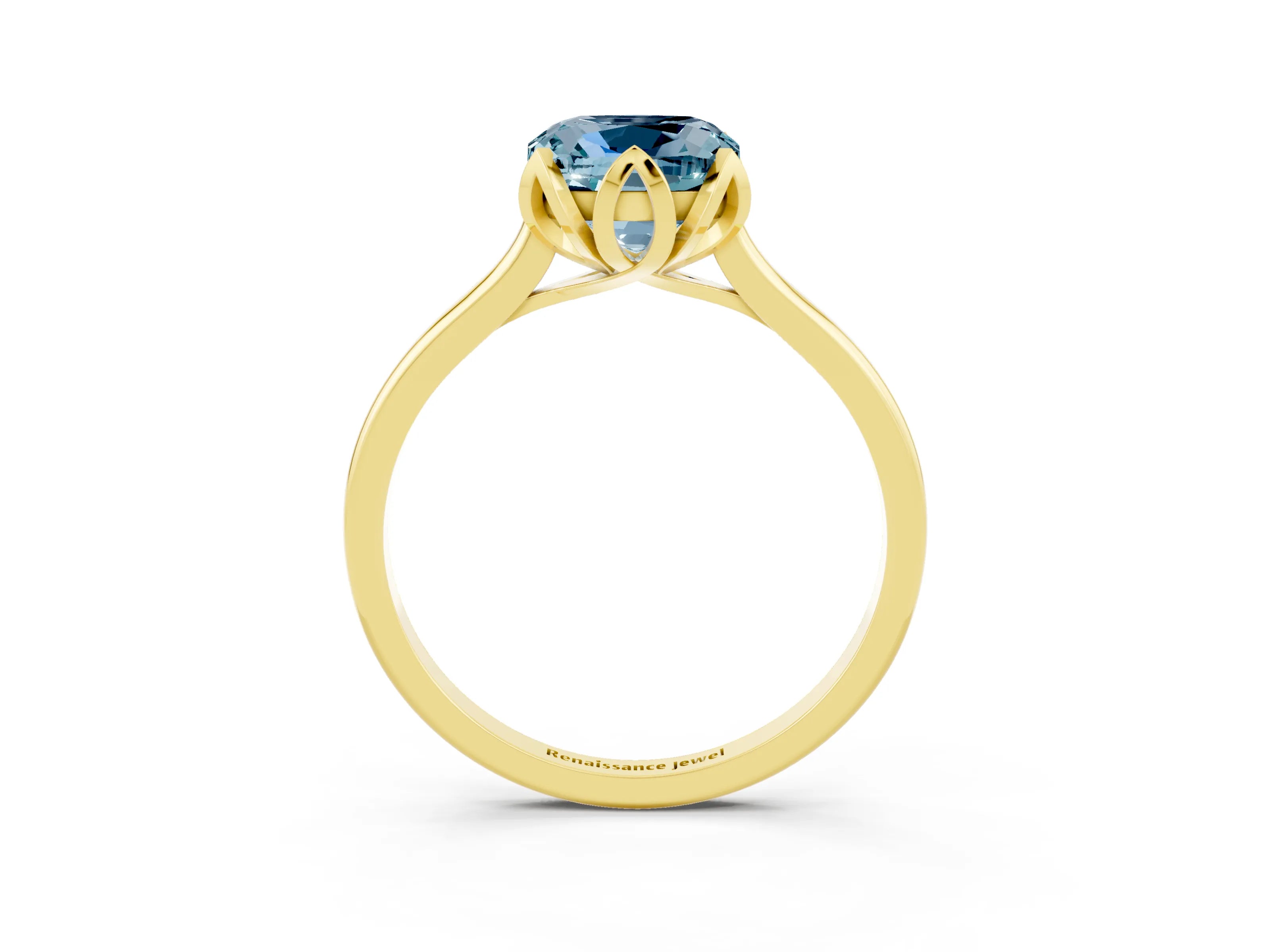 Yellow gold Cushion Cut Aquamarine Solitaire Ring with Flower Prong Setting and Classic Band_15