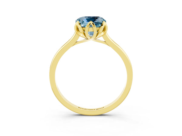Yellow gold Cushion Cut Aquamarine Solitaire Ring with Flower Prong Setting and Classic Band