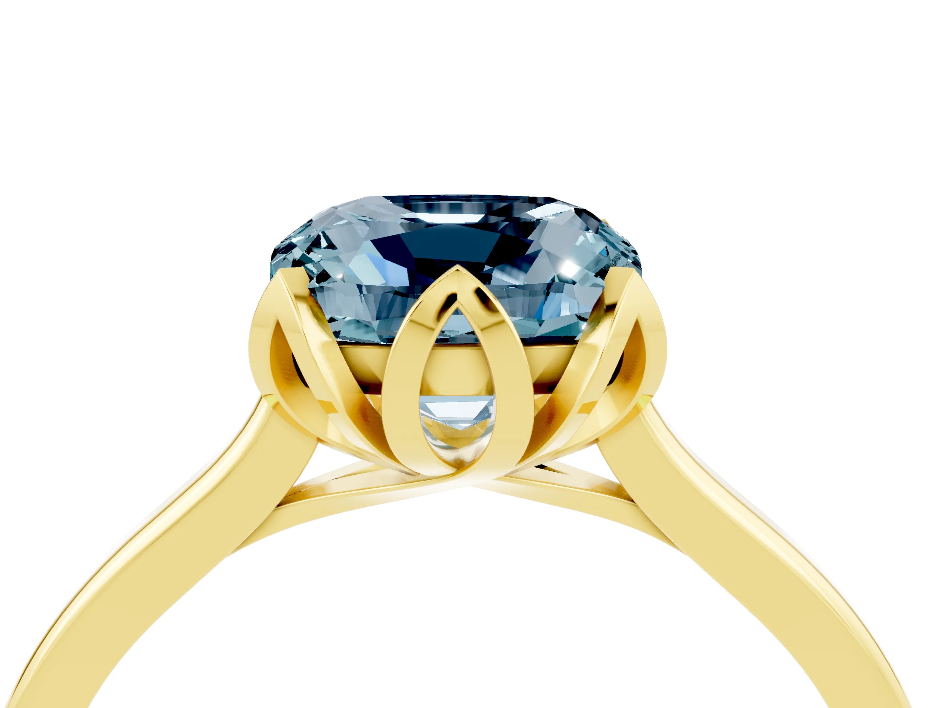 Yellow gold Cushion Cut Aquamarine Solitaire Ring with Flower Prong Setting and Classic Band_16