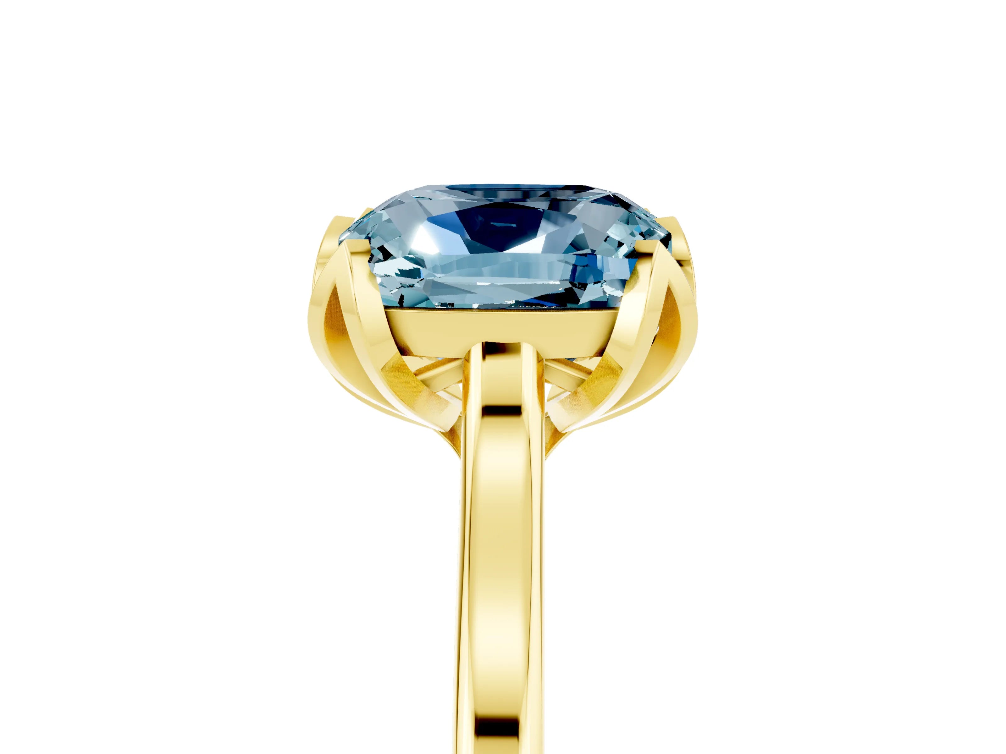 Yellow gold Cushion Cut Aquamarine Solitaire Ring with Flower Prong Setting and Classic Band_17