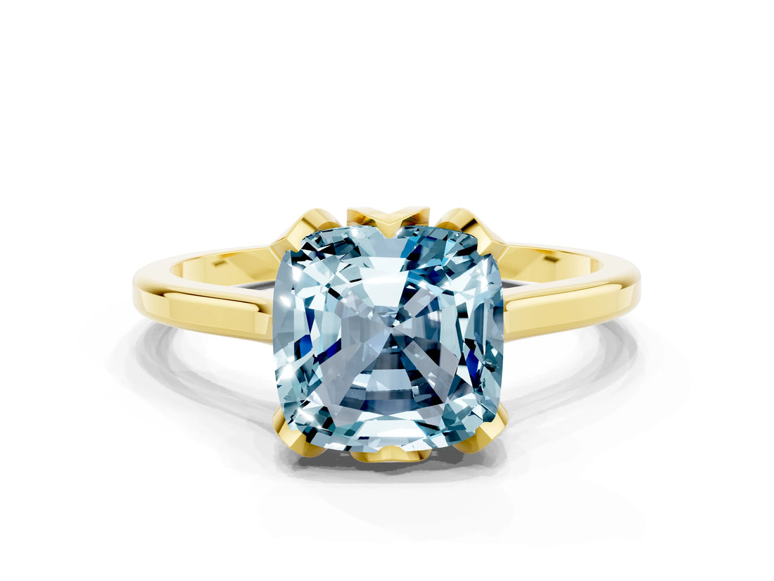 Yellow gold Cushion Cut Aquamarine Solitaire Ring with Flower Prong Setting and Classic Band_36