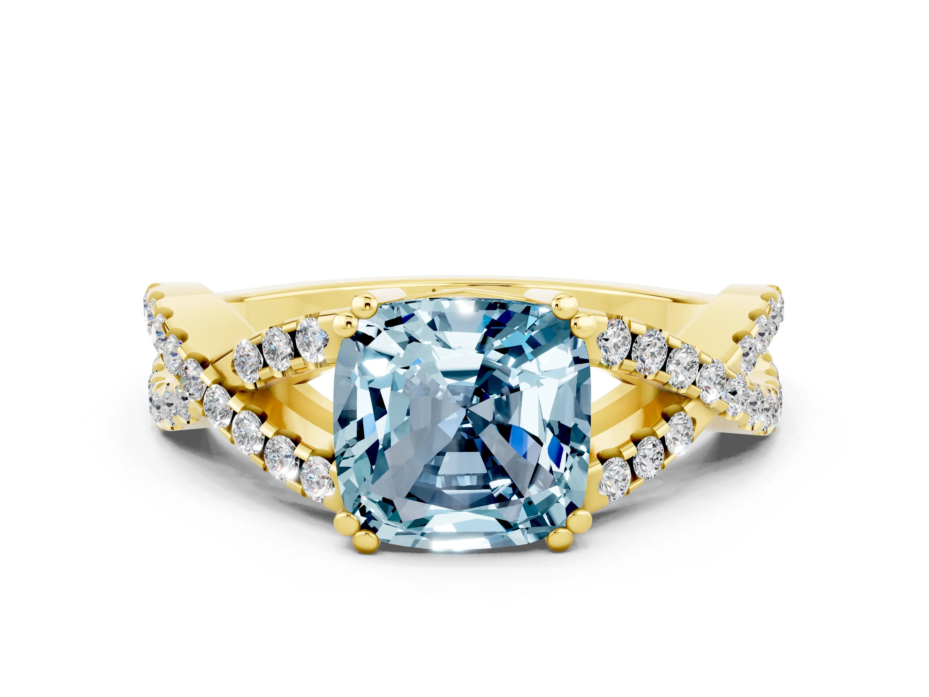 Yellow gold Cushion Cut Aquamarine Solitaire Ring with Four-Prong Setting and Twisted Pavé Band
