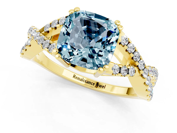 Yellow gold Cushion Cut Aquamarine Solitaire Ring with Four-Prong Setting and Twisted Pavé Band